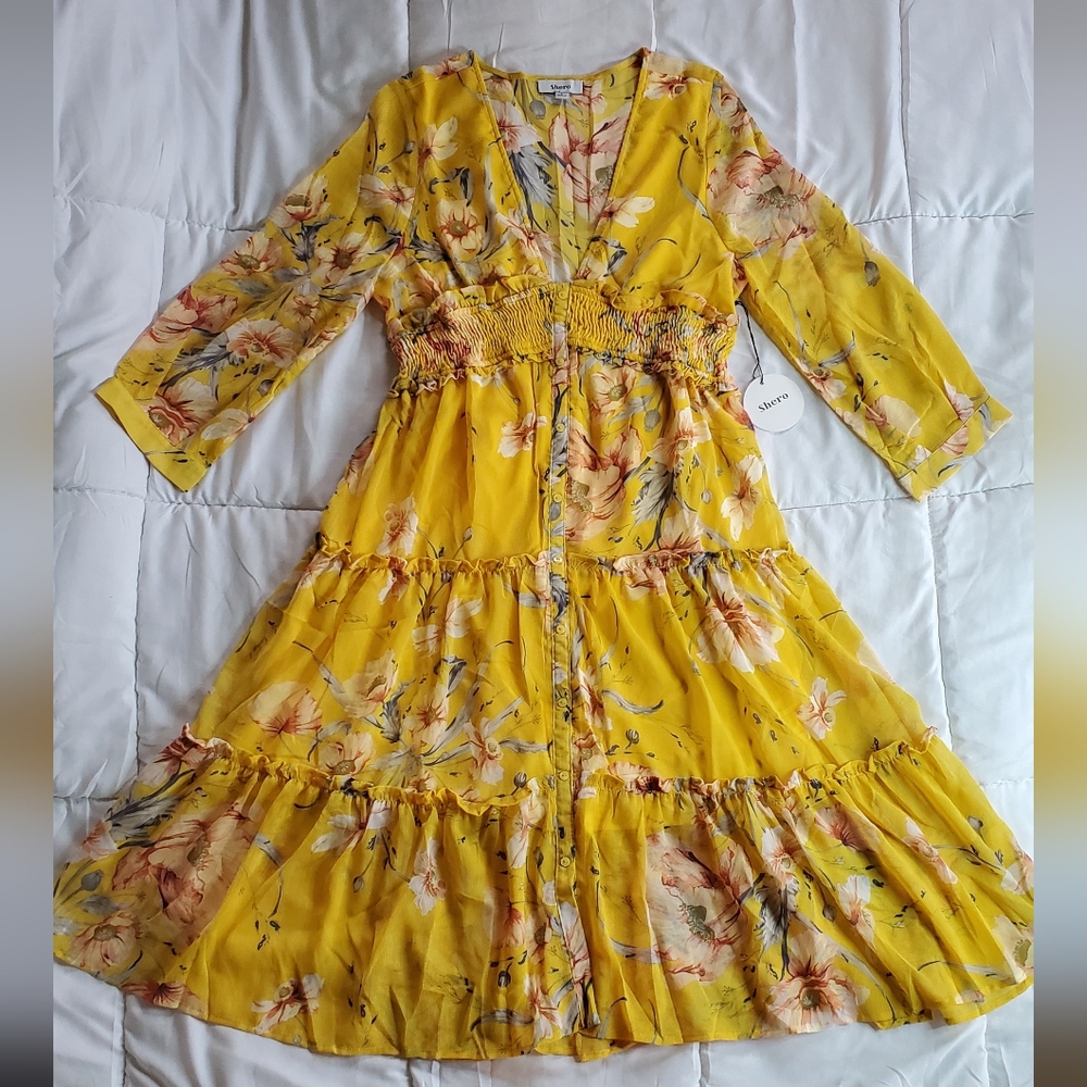 Shero Boho Chic Floral Dress Women's L Yellow